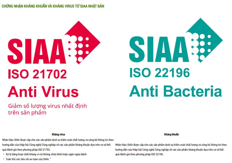 Chứng Nhận Kháng Khuẩn Và Virus SIAA Nhật Bản