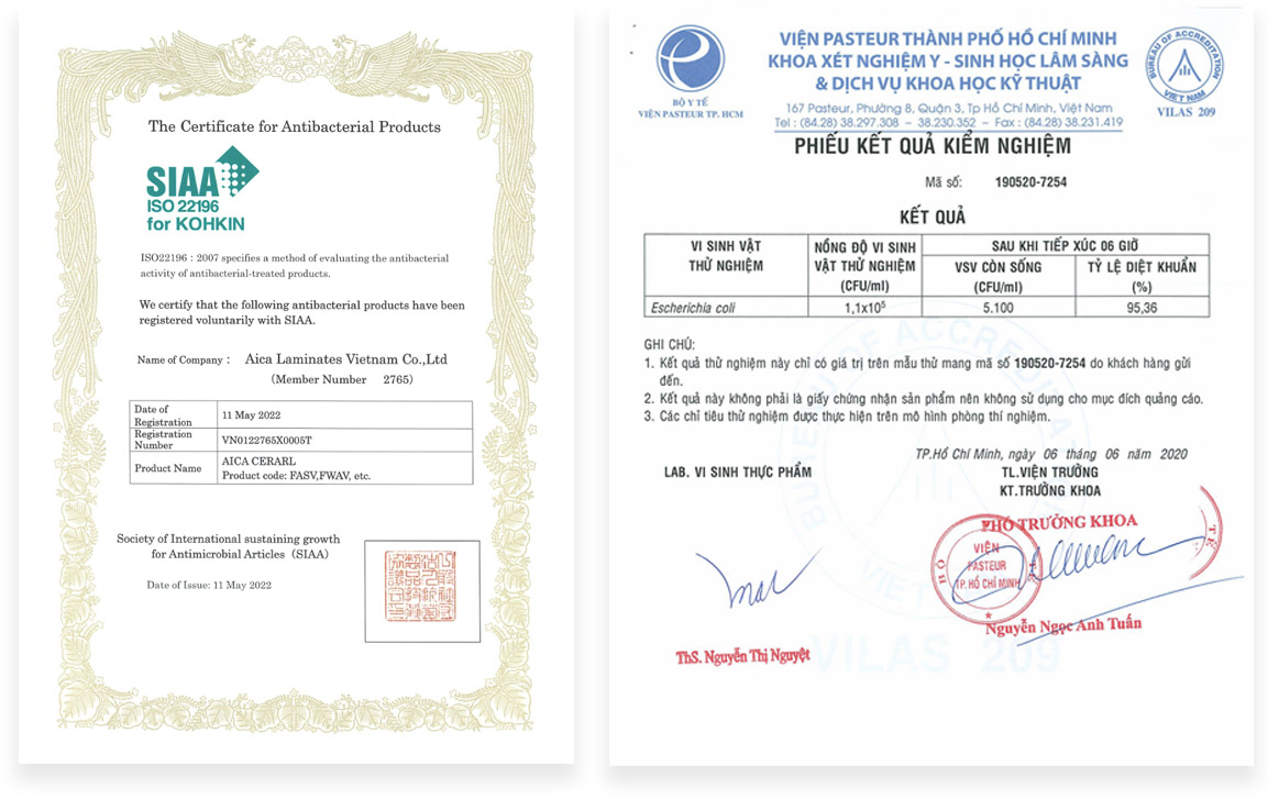 Chứng nhận SIAA và test report của viện Pasteur cho tấm CERARL